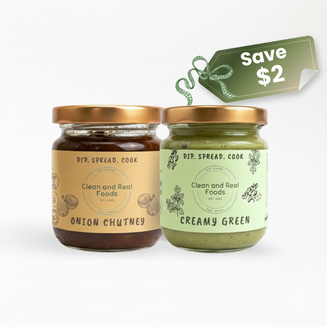 Two glass jars of condiments on a white background, one labeled 'Onion Chutney' and the other 'Creamy Green', with a green 'Save $2' price tag graphic above them.