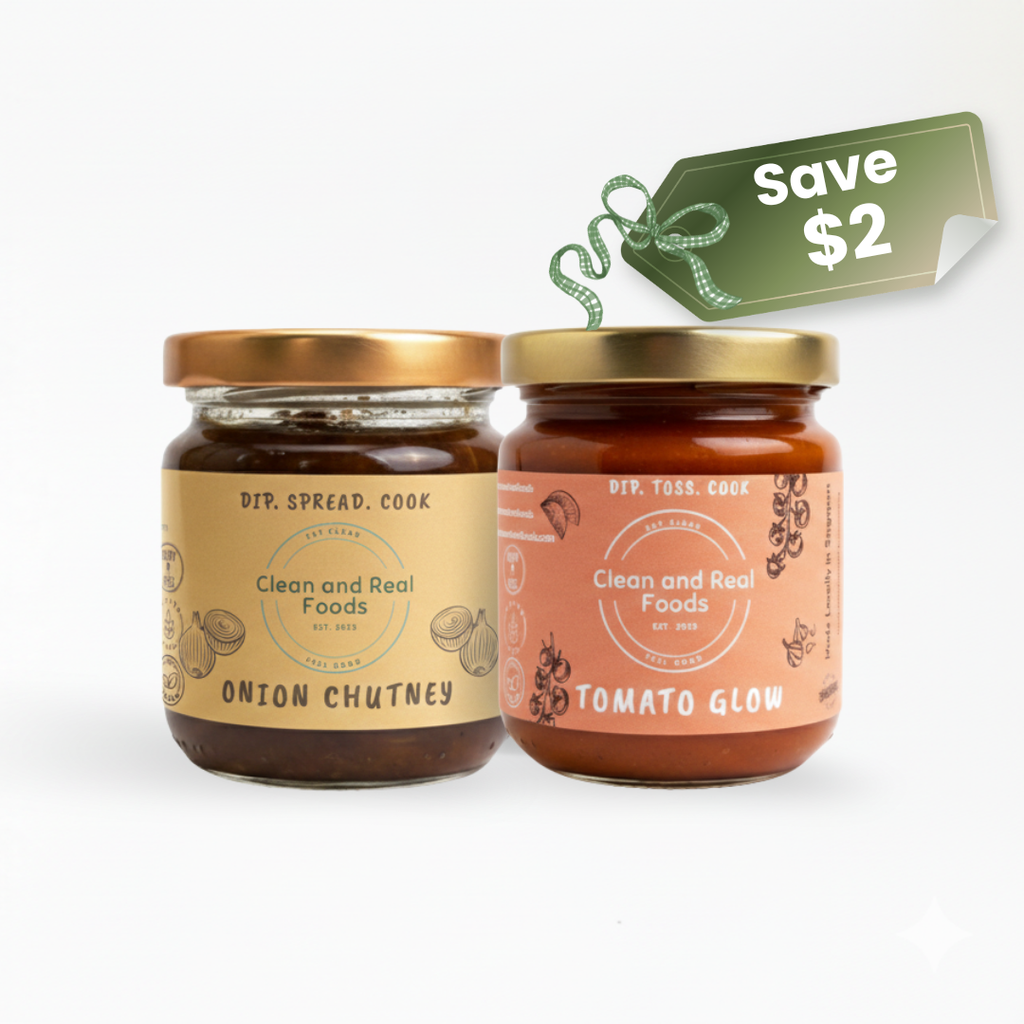 Two glass jars of condiments on a white background, one labeled 'Tomato Glow' and the other 'Onion Chutney', with a green 'Save $2' price tag graphic above them.