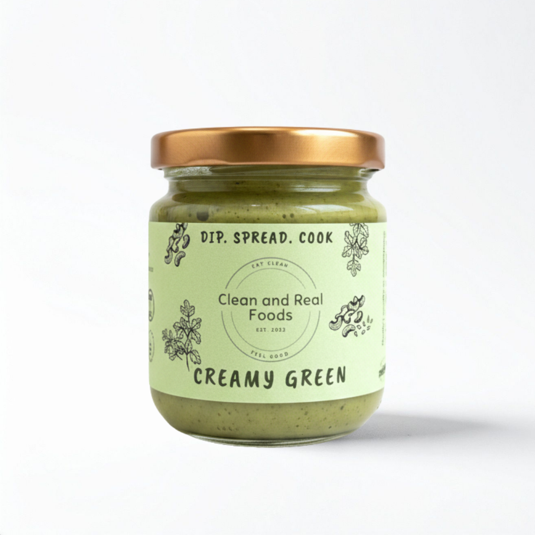 Jar of 160-g Creamy Green with 'Clean and Real Foods' logo on a white background.
