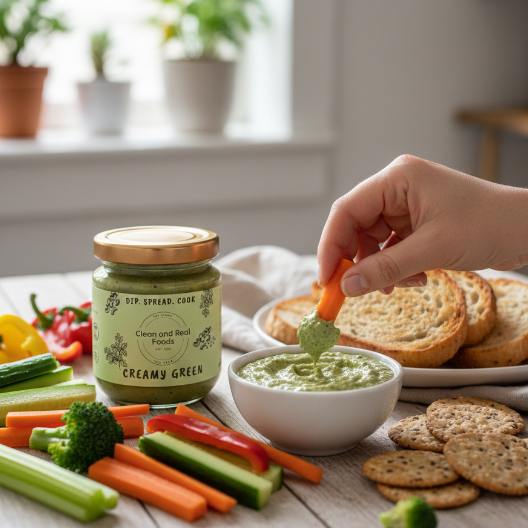A person is dipping a carrot into Creamy Green dip with crackers, toast, and other vegetables on a table.