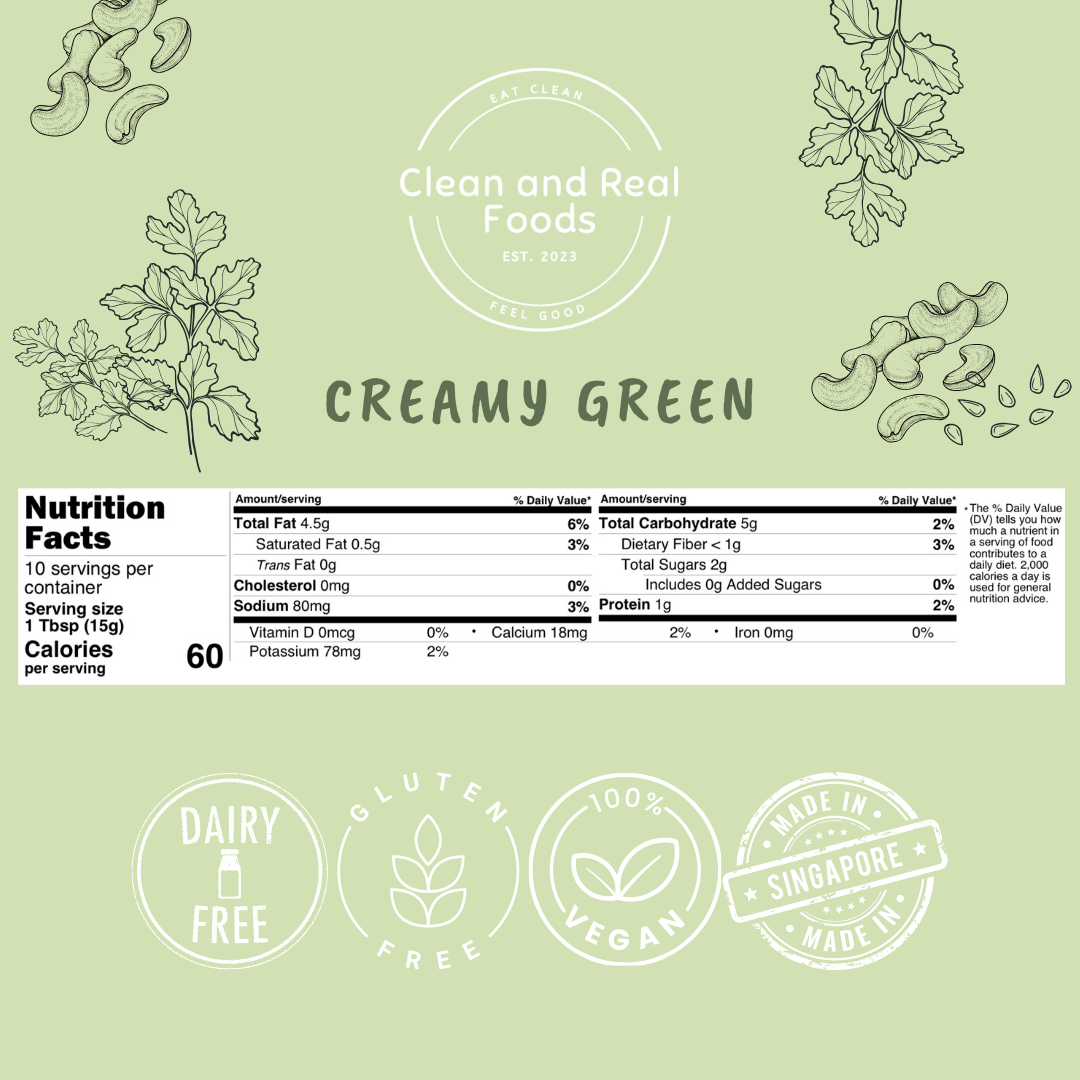 Creamy Green product label with nutritional information and ingredients on a beige background. 4 logos are show at the bottom where the texts read 'dairy free', 'gluten free', '100% vegan', and 'made in Singapore'.