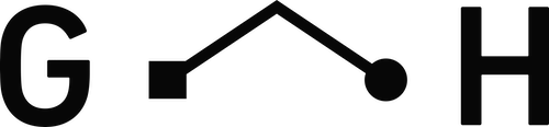 The logo of GREEN HOUSE is a stylised black letter G with a geometric roof-like line and circle motif, followed by a large black letter H, without a background.