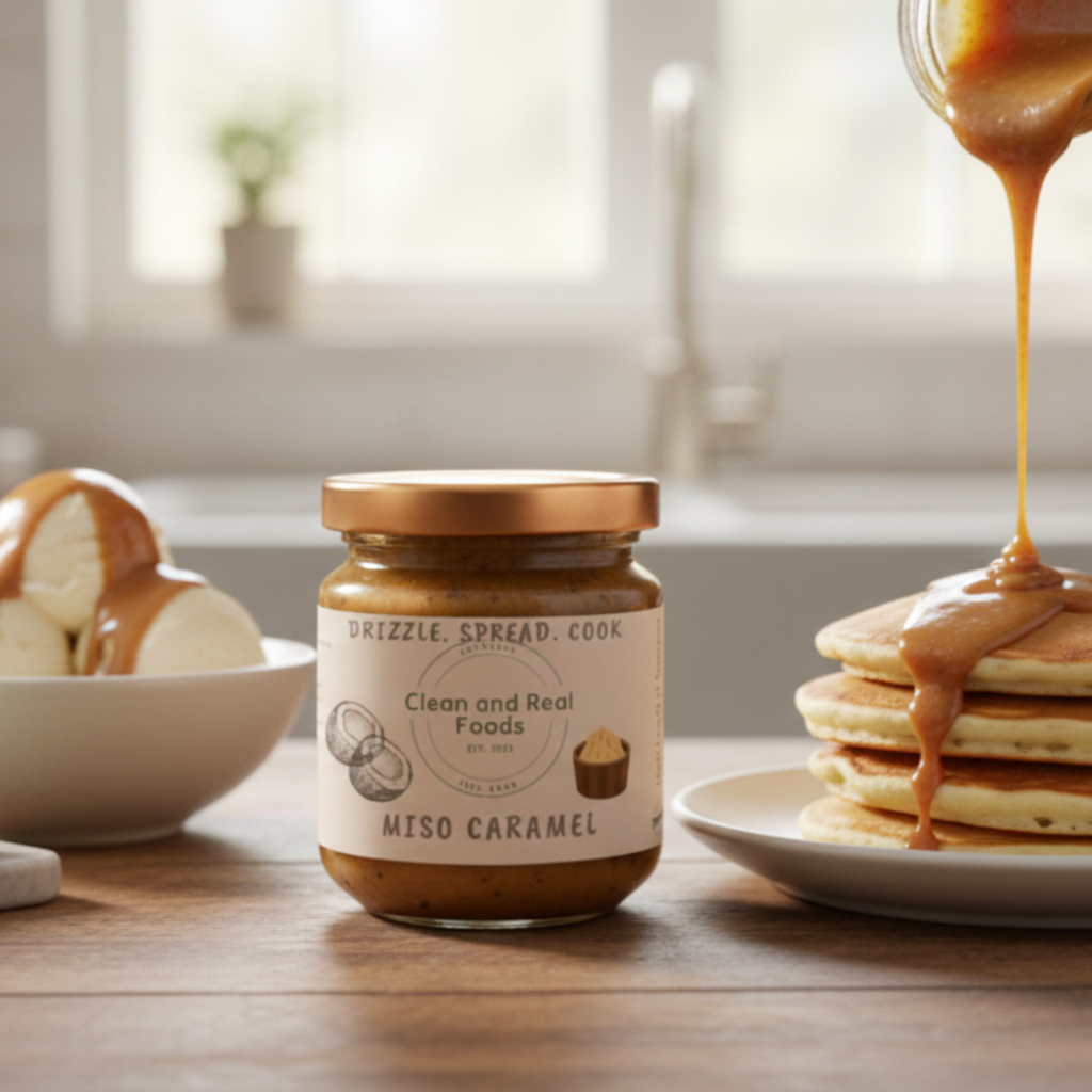 A jar of Miso Caramel sauce on a wooden table. On the left side in the background, a bowl of ice cream scoops with a drizzle of miso caramel; on the right side, pancakes are being drizzled with miso caramel as well.
