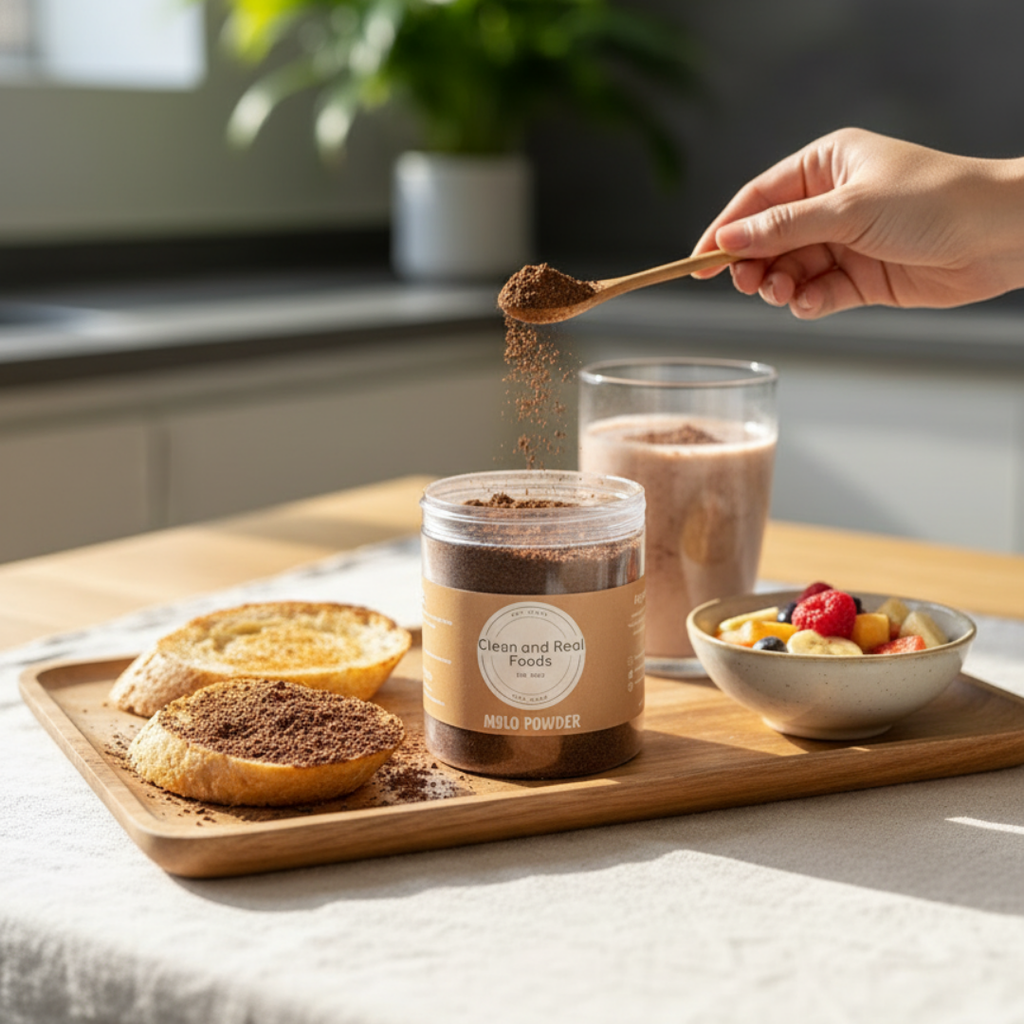 A hand scooping out a spoonful of Mylo Powder. In the background, there is a glass of mylo drink, a toast, and a bowl of fruits. In the foreground, beside the container of Mylo Powder, is a toast with Mylo powder on it.