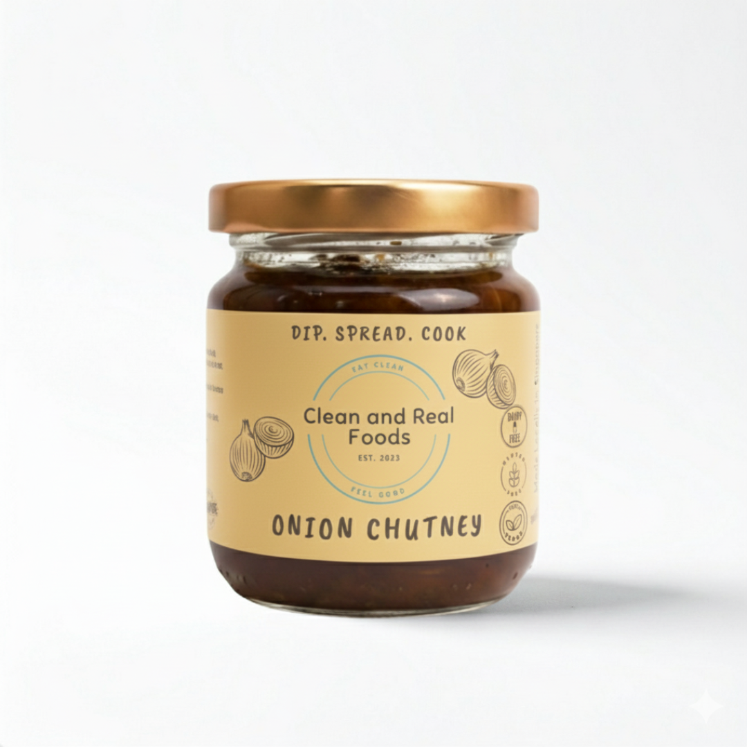 Jar of Onion Chutney with 'Clean and Real Foods' logo on a white background.