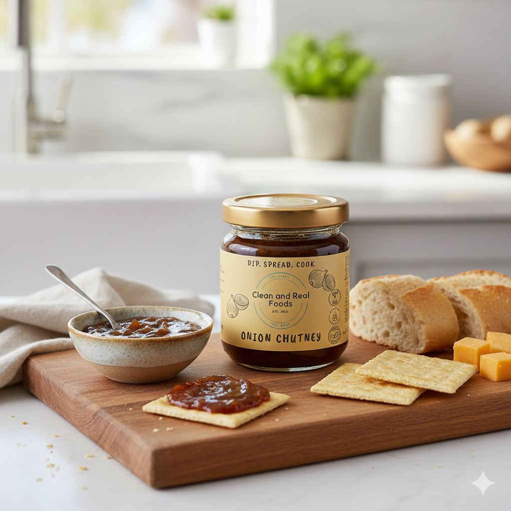 A jar of Onion Chutney on a wooden board with crackers, bread, and cheese. There is a bowl of Onion Chutney sauce with a spoon and cracker with a spread of the sauce.