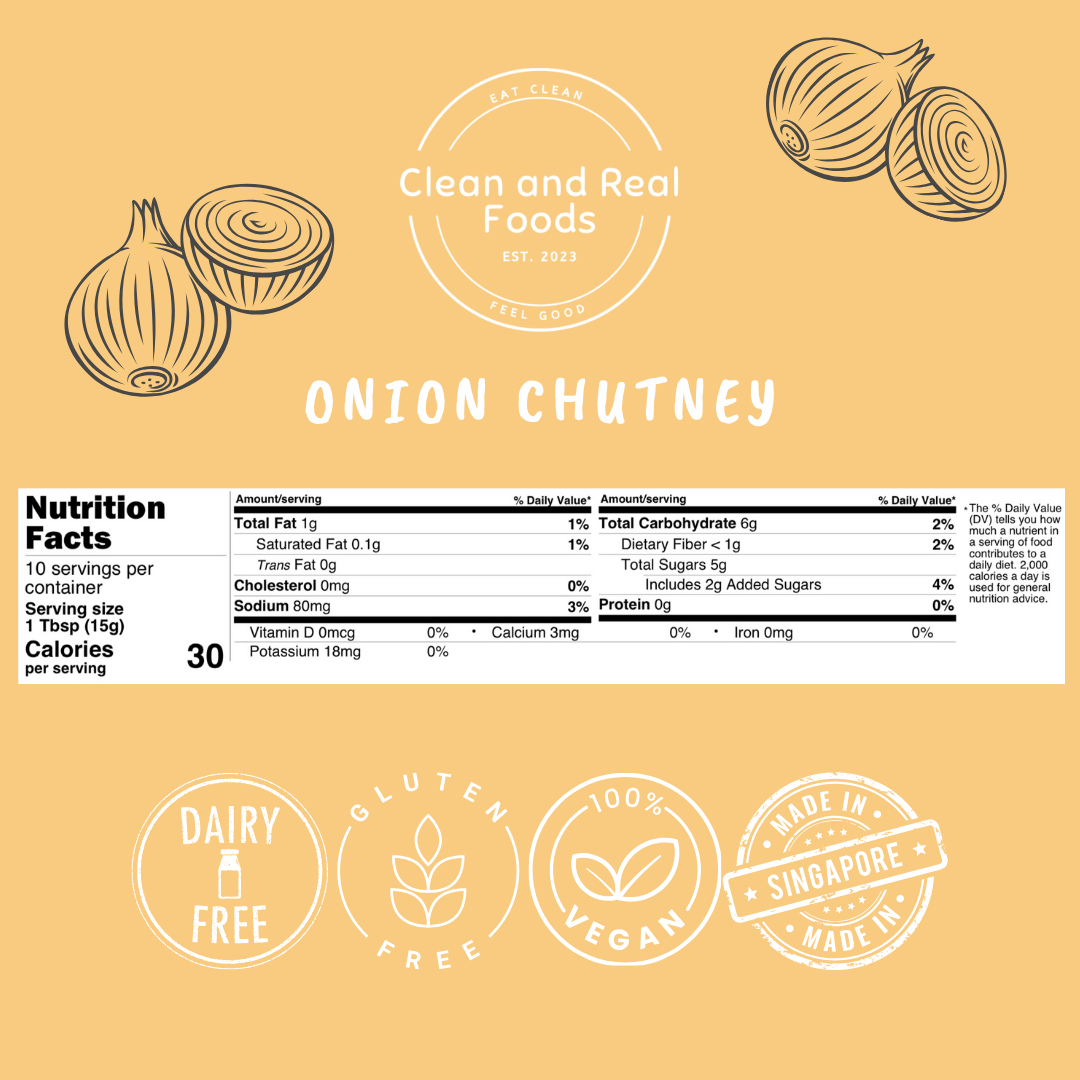 Onion Chutney product label with nutritional information and ingredients on a yellowbackground. 4 logos are shown at the bottom where the texts read 'dairy free', 'gluten free', '100% vegan', and 'made in Singapore'.