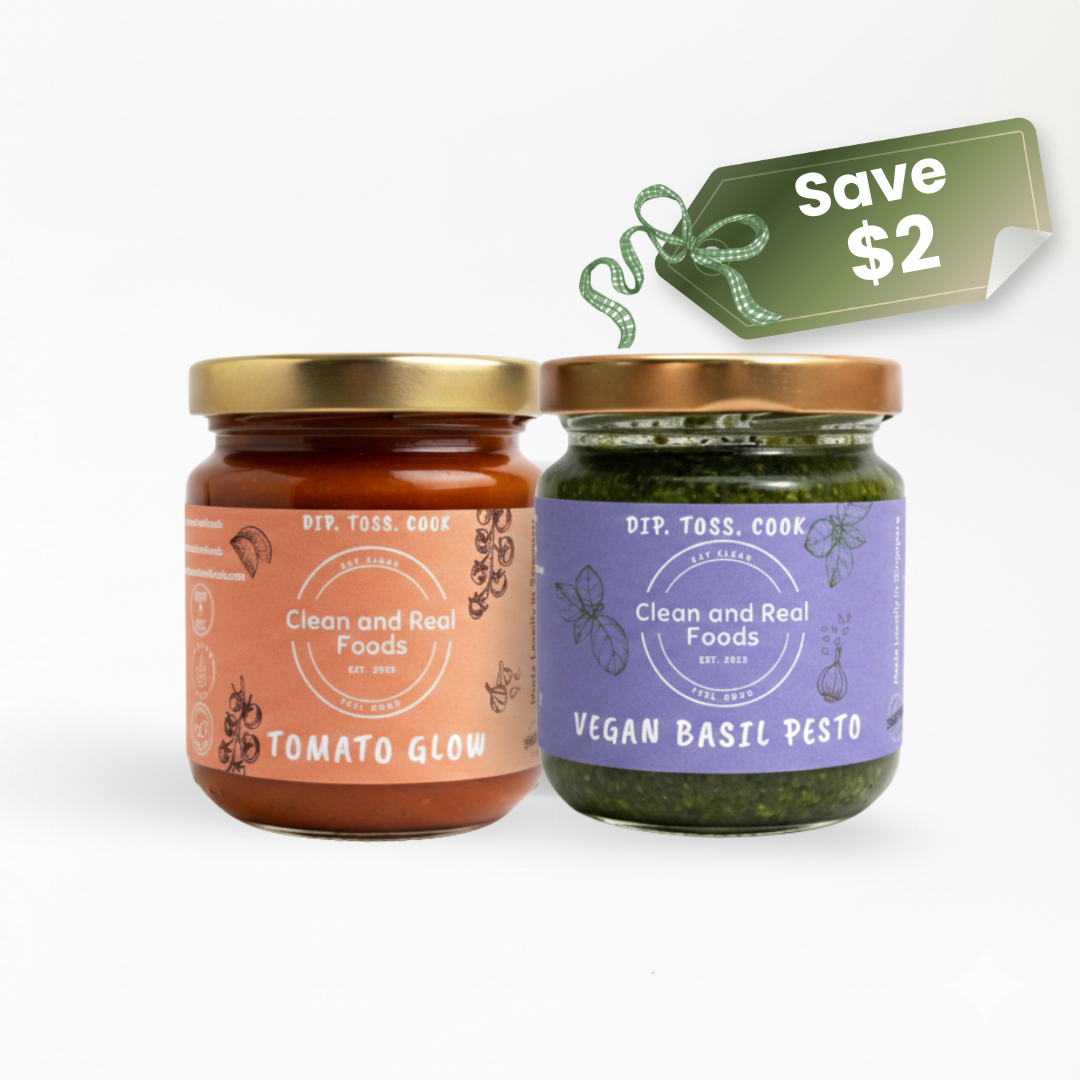 Two glass jars of condiments on a white background, one labeled 'Tomato Glow' and the other 'Vegan Basil Pesto', with a green 'Save $2' price tag graphic above them.