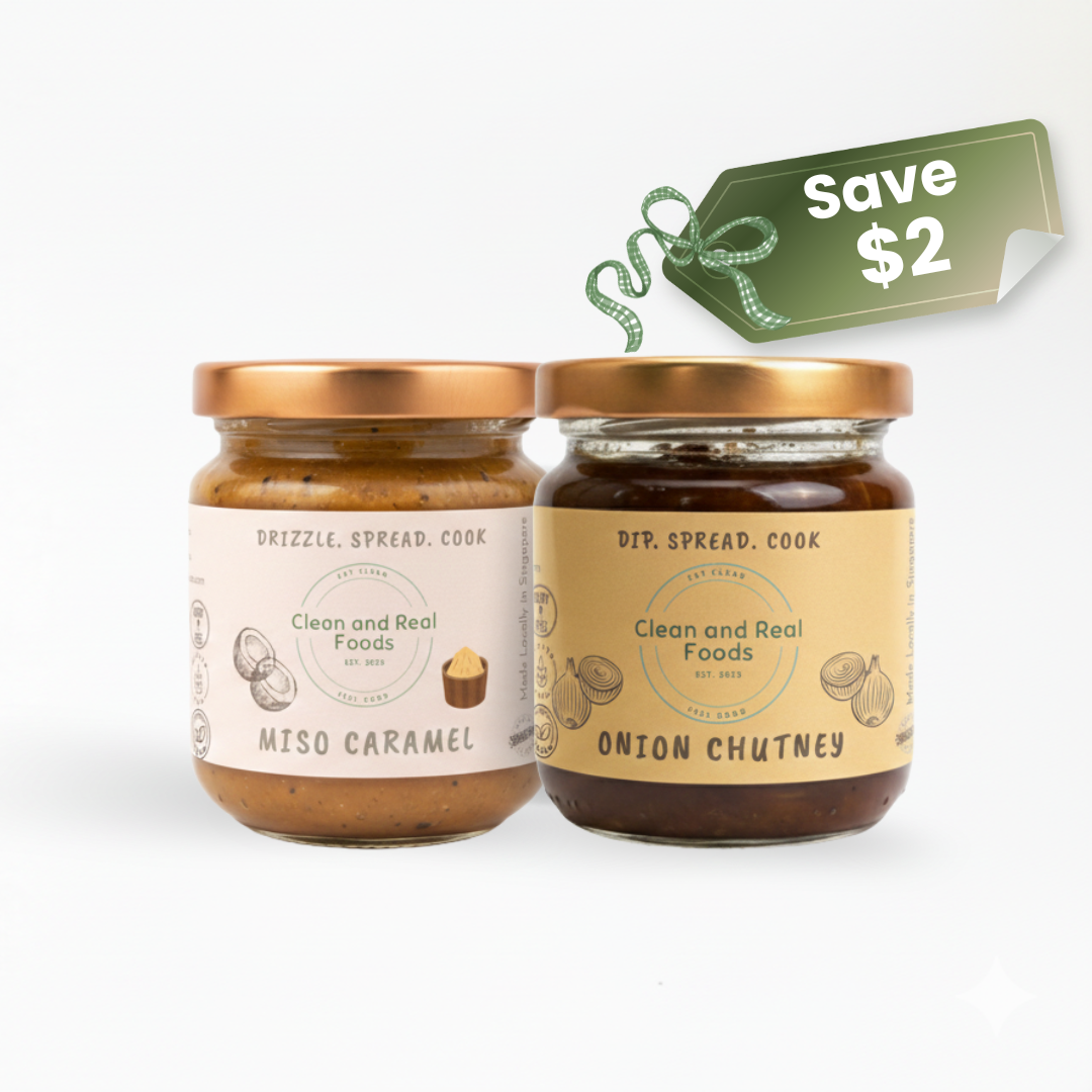 Two glass jars of condiments on a white background, one labeled 'Miso Caramel' and the other 'Onion Chutney', with a green 'Save $2' price tag graphic above them.